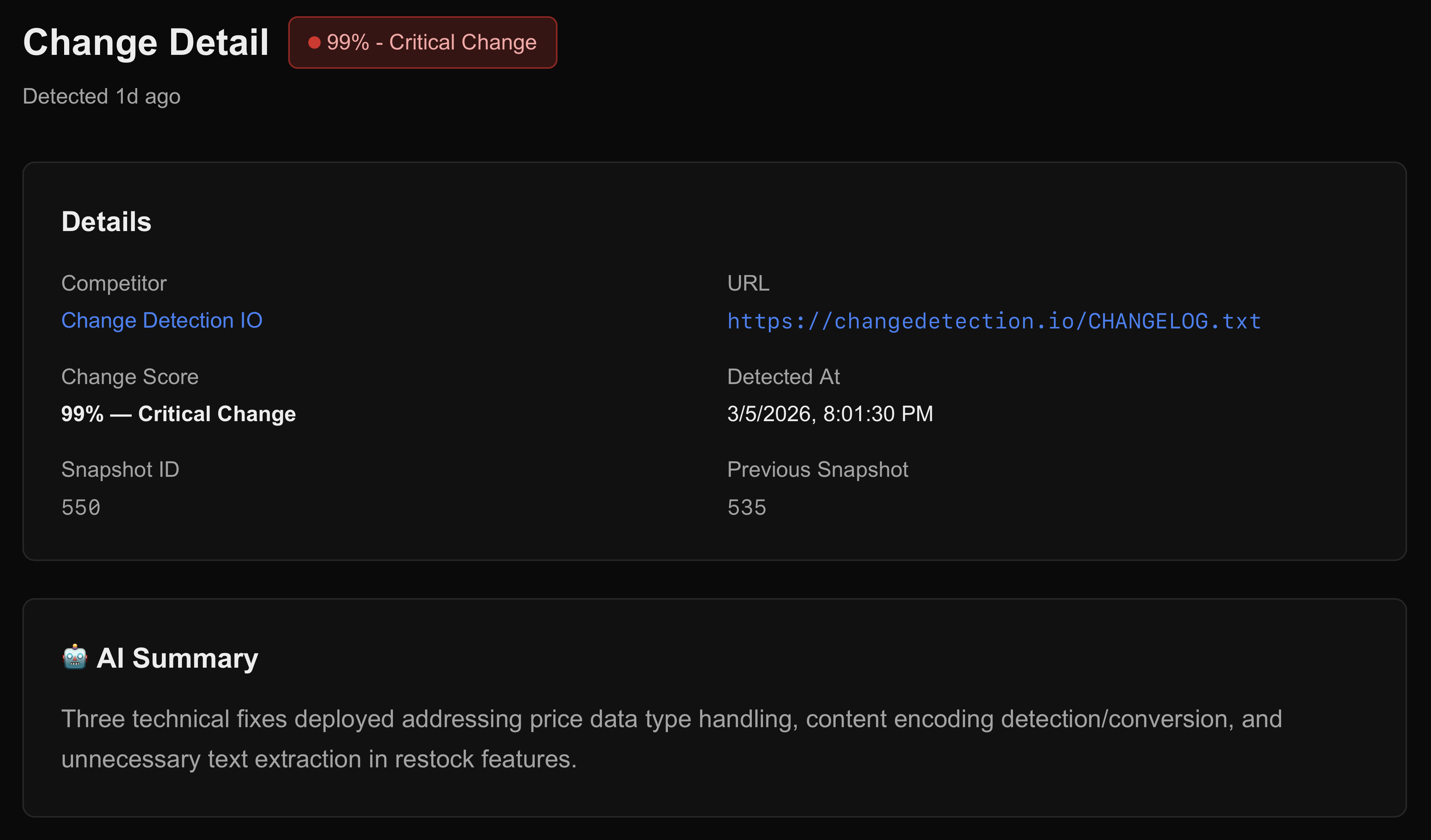 Adversa change detail view showing a critical change score and AI summary